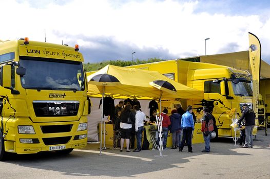 Ales - France - Grand Prix of France trucks May 25th and 26th, 2013 on the circuit of the Cevennes. trucks and stands of the competitors for the assistance and promotion. 
