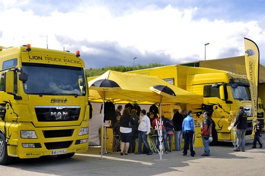 Ales - France - Grand Prix of France trucks May 25th and 26th, 2013 on the circuit of the Cevennes. trucks and stands of the competitors for the assistance and promotion. 