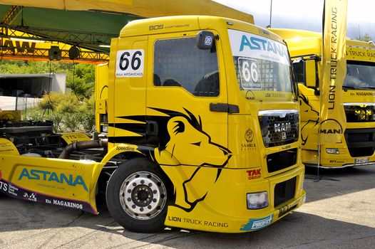Ales - France - Grand Prix of France trucks May 25th and 26th, 2013 on the circuit of the Cevennes. trucks and stands of the competitors for the assistance and promotion. 