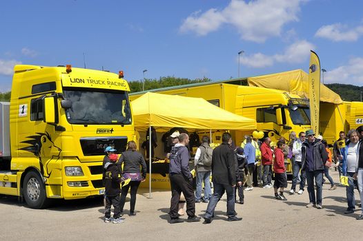 Ales - France - Grand Prix of France trucks May 25th and 26th, 2013 on the circuit of the Cevennes. trucks and stands of the competitors for the assistance and promotion. 