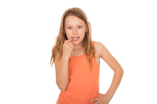 Young girl with long hairs lost a tooth. Isolated on white background.