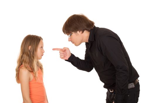 Angry father pointing the finger and explains what's wrong to her daughter. Isolated on white background.