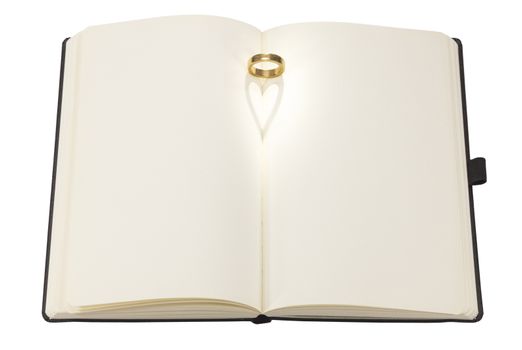 Heart shaped shadow of a ring on a book on white background