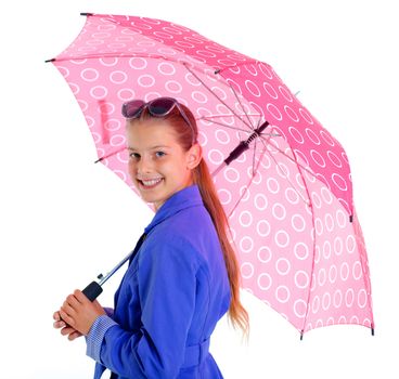 Close-up portrait of a girl with umbrella and wearing blue clothing. Isolated on white background