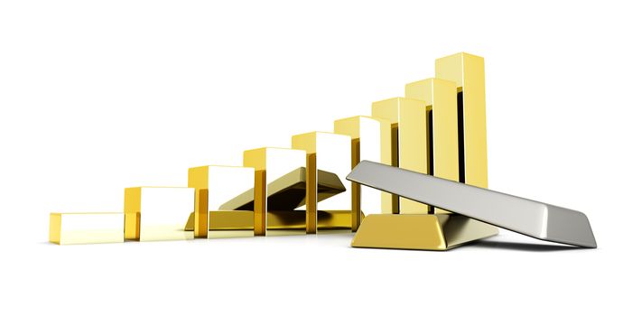 Rising value of precious metals. 3D rendered Illustration. Isolated on white. 