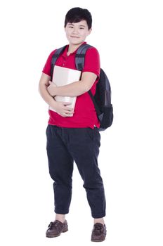 Smiling teenager with a schoolbag standing with white background