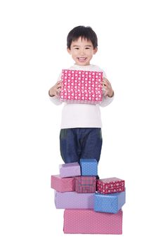 Happy cute boy receive gift with white background