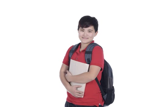 Smiling teenager with a schoolbag standing with white background