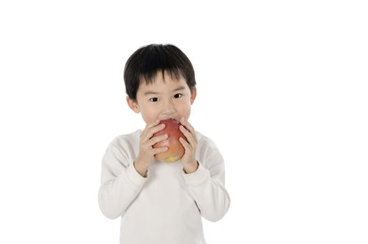 Cute little boy eating an apple with white background