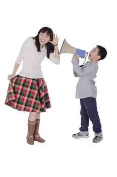 Child yell at mother with megaphone over white background