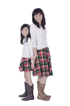 Happy mother and daughter over white background