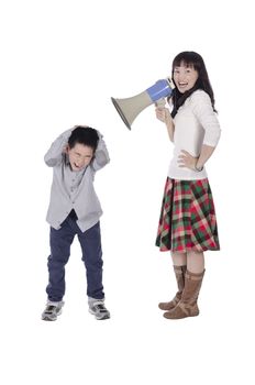 Mother yell at child with megaphone over white background