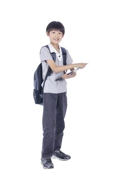 Happy smart boy ready for school over white background