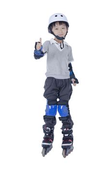 Smart boy playing roller blades over white background