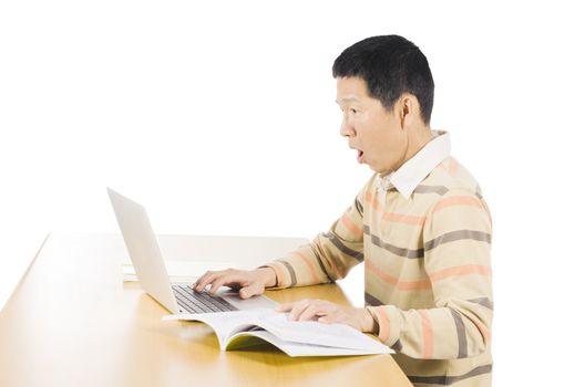 Surprise man with notebook over white background