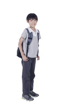 Happy smart boy ready for school over white background