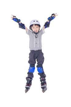 Smart boy playing roller blades over white background