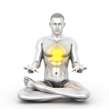 A woman performing a Anahata chakra meditation. 3D rendered illustration. 