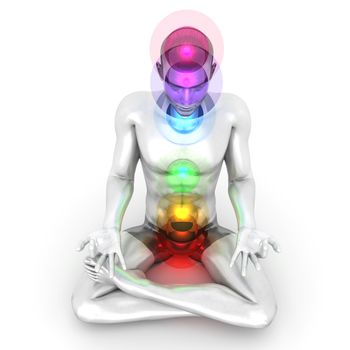 A woman performing a full chakra meditation. 3D rendered illustration. 