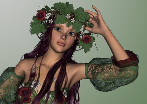 3D digital render of a cute summer girl on green shining background