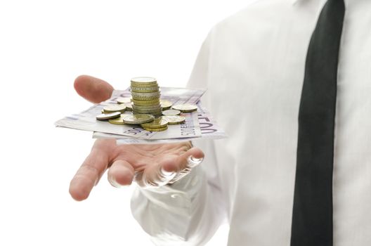 Close up of business man presenting Euro  banknotes and coins.