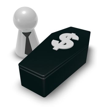 play figure with tie and casket with dollar symbol on white background - 3d illustration