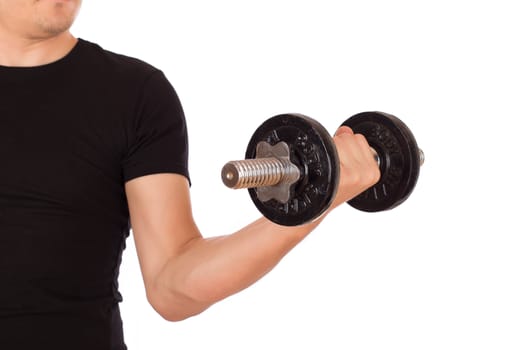 Man exercise with a weighty dumbbell. Isolated on white background.