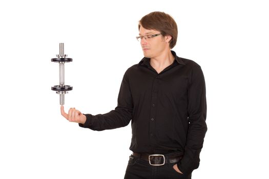 Business man juggling with dumbbell on a finger. Isolated on white background.