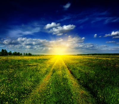 Spring summer background - rural road in  green grass field meadow scenery lanscape with blue sky