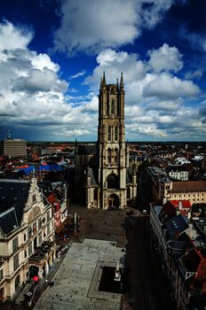 Saint Bavo Cathedral (Sint-Baafskathedraal) and Sint-Baafsplein, view from Belfry. Ghent, Belgium