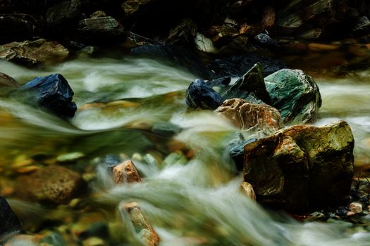 Mountain stream and rocks. Long exposure