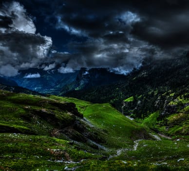 Mountain landscape in Himalayas. Kullu valley, Himachal Pradesh, India