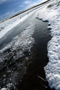 Natural scene of the water stream with melting snow
