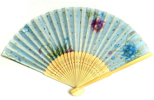 Close-up photo of the blue Chinese fan on a white background