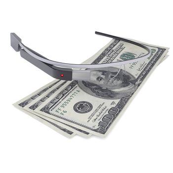 Google Glass and three hundred dollars. Isolated render on a white background