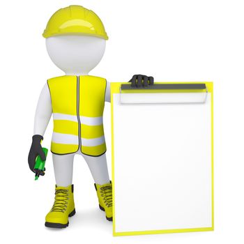 3d white man in overalls with a checklist and a marker. Isolated render on a white background