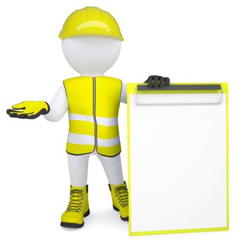 3d white man in overalls with a checklist. Isolated render on a white background