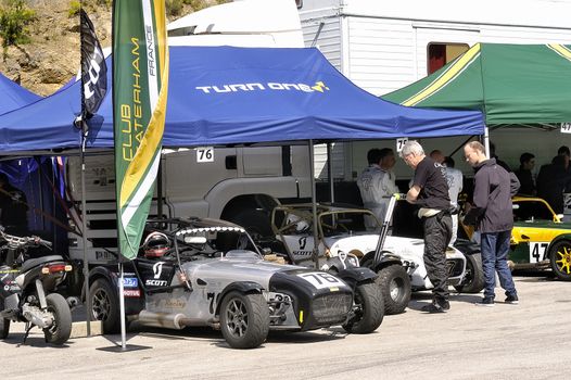 chases of Caterham on the circuit of the Cevennes with Ales in the French department of Gard the May 24th and 25th, 2013. The Caterham stands