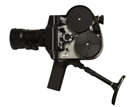 Old fashioned movie camera with open lid close-up isolated on a white background.