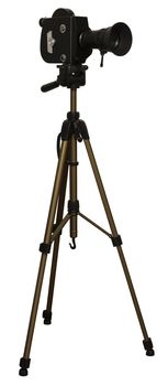 Old fashioned movie camera on a tripod isolated on a white background.