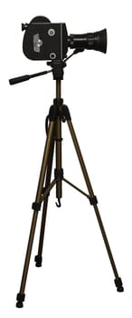 Old fashioned movie camera on a tripod isolated on a white background.