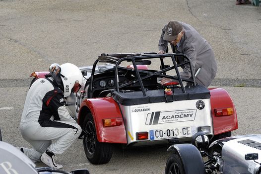 chases of Caterham on the circuit of the Cevennes with Ales in the French department of Gard the May 24th and 25th, 2013. on the starting line before the race