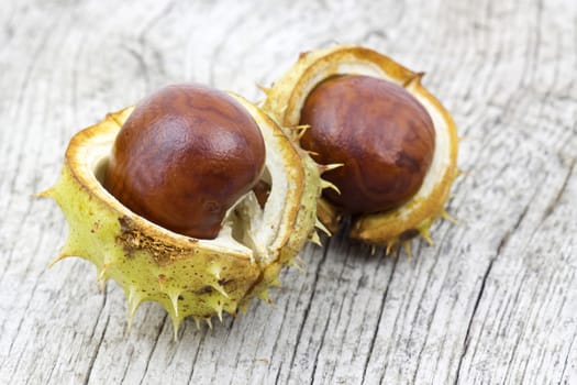 chestnuts on old wooden background