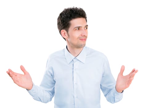 Portrait of young businessman in shirt with palms up having confused expression and no ideas.  Isolated on white background.