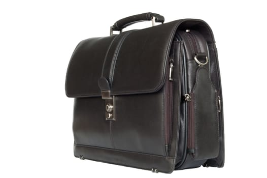 Black leather business suitcase isolated on white background