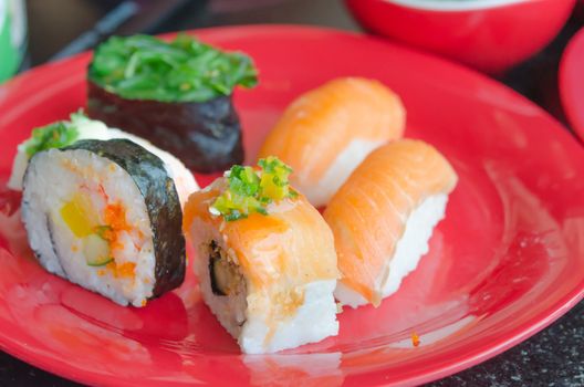 mix sushi on red dish, japanese style cuisine