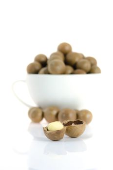 close up shelled  macadamia nuts on white background
