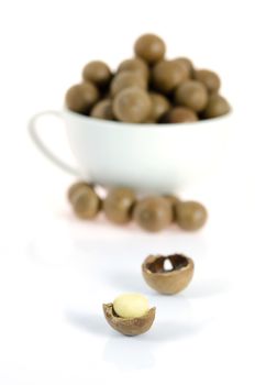 close up shelled  macadamia  on white background