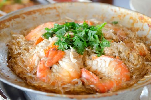close up baked vermicelli prawn , asian food