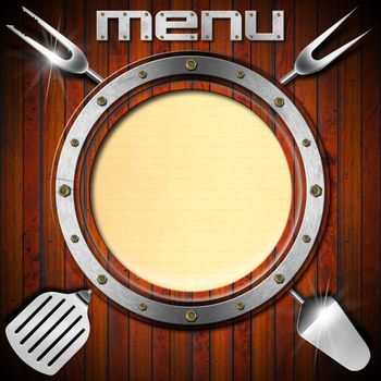 Restaurant wooden menu with metal porthole, yellow empty page and kitchen utensils